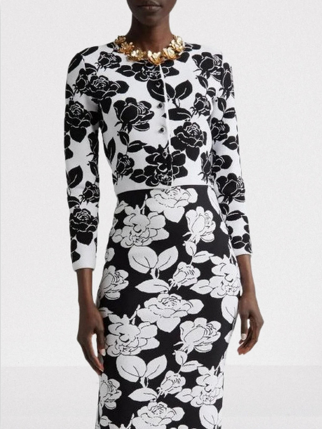 Floral Jacquard Knit Cardigan and Skirt Set - Suits & Sets