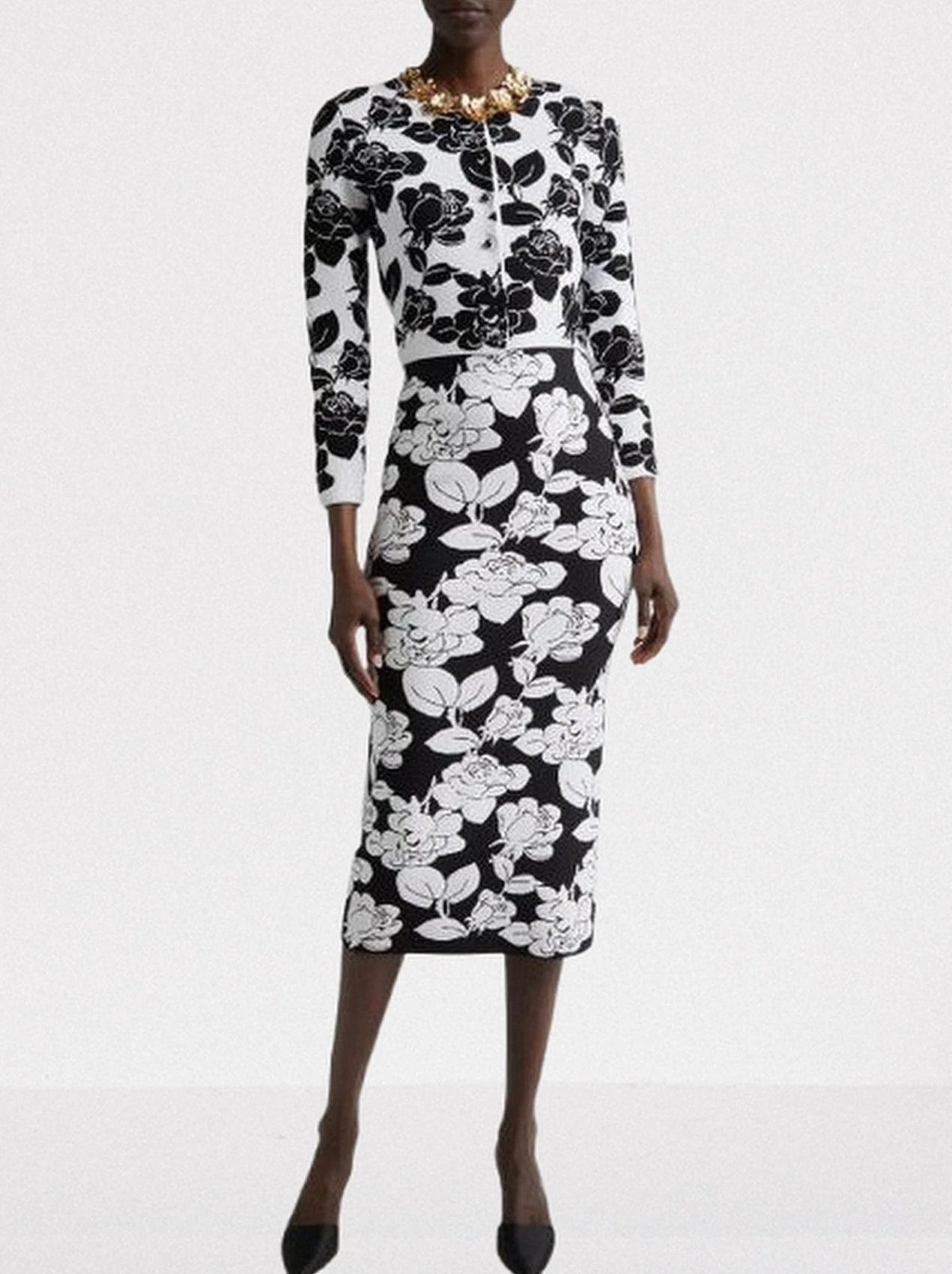 Floral Jacquard Knit Cardigan and Skirt Set - Suits & Sets