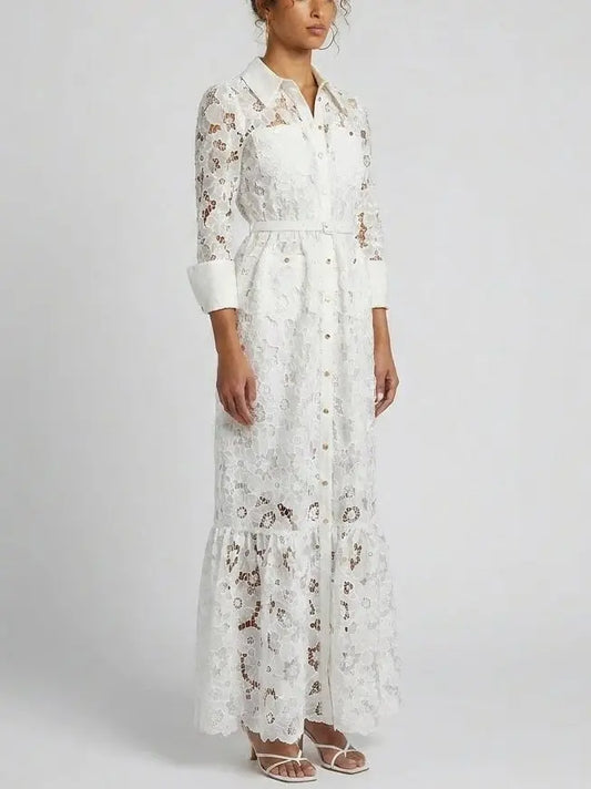 Floral Lace Belted Button-Front White Maxi Dress - Dresses