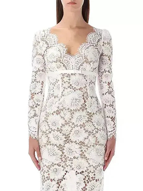 Floral Lace White Long-Sleeve Midi Dress - Dresses