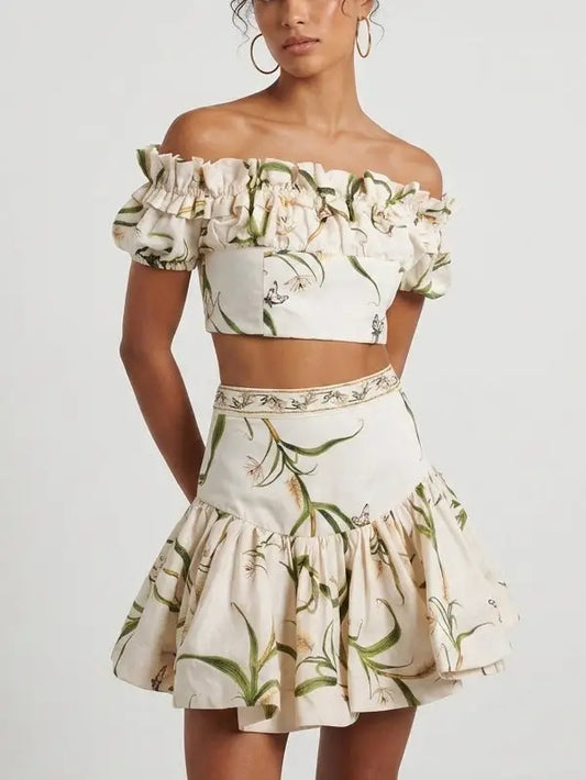 Floral Linen Off Shoulder Crop Top and Skirt Set - Suits & Sets