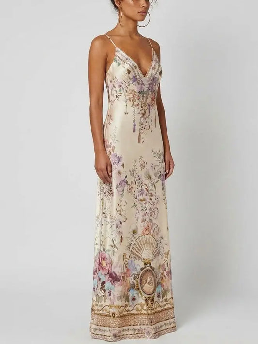 Floral Medallion Print Silk Slip Maxi Dress - Dresses