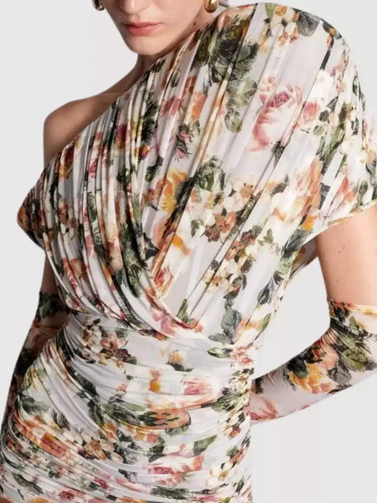 Floral One-Shoulder Draped Ruched Mini Dress - Dresses