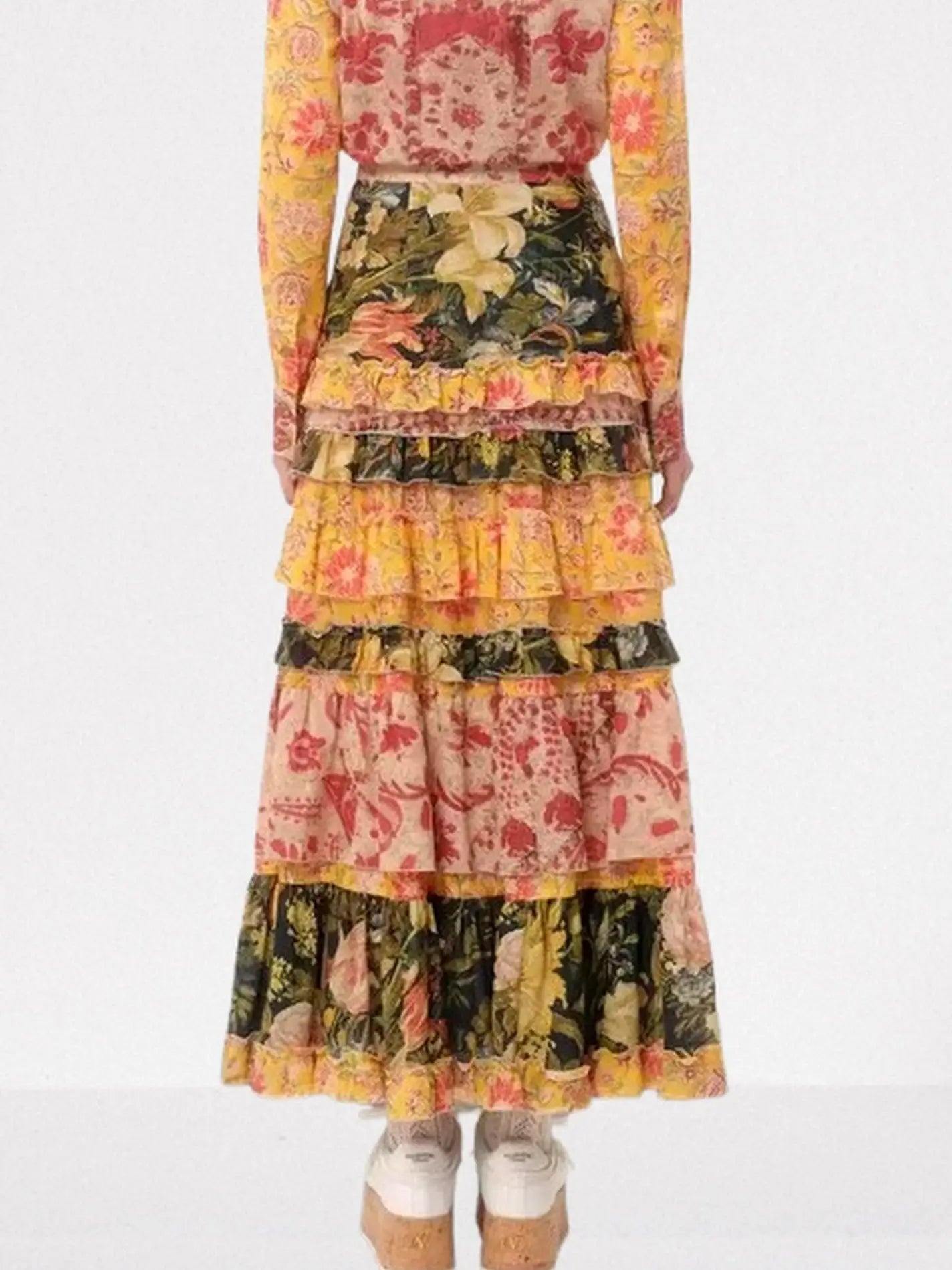 Floral Patchwork Tiered Cotton Maxi Skirt - Skirts