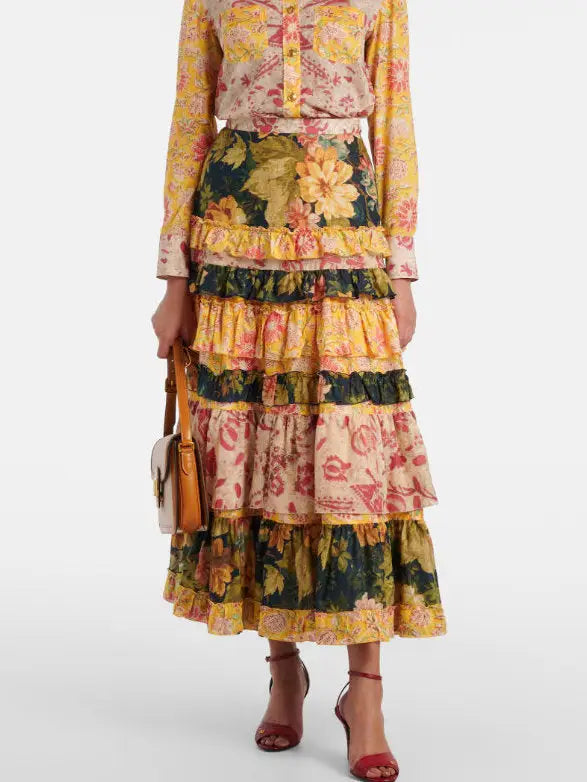 Floral Patchwork Tiered Cotton Maxi Skirt - Skirts