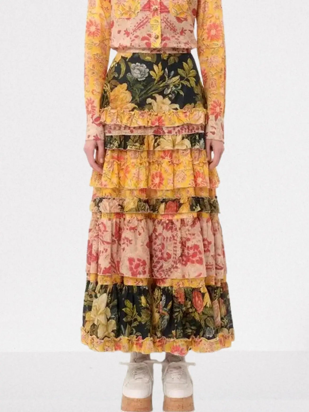 Floral Patchwork Tiered Cotton Maxi Skirt - Skirts