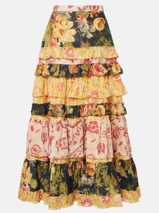 Floral Patchwork Tiered Cotton Maxi Skirt - Skirts