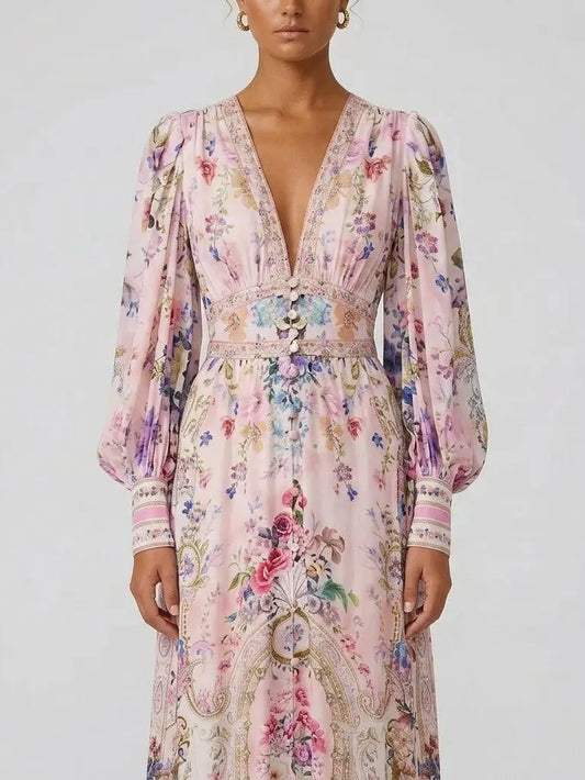 Floral Pink Silk Maxi Dress with Empire Waist - Dresses