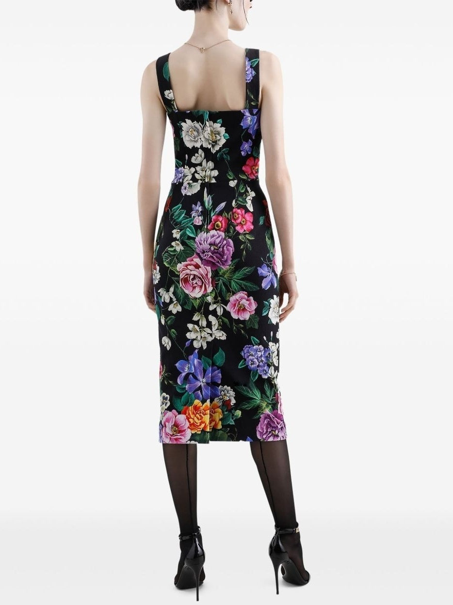 Floral Print Black Midi Sheath Dress