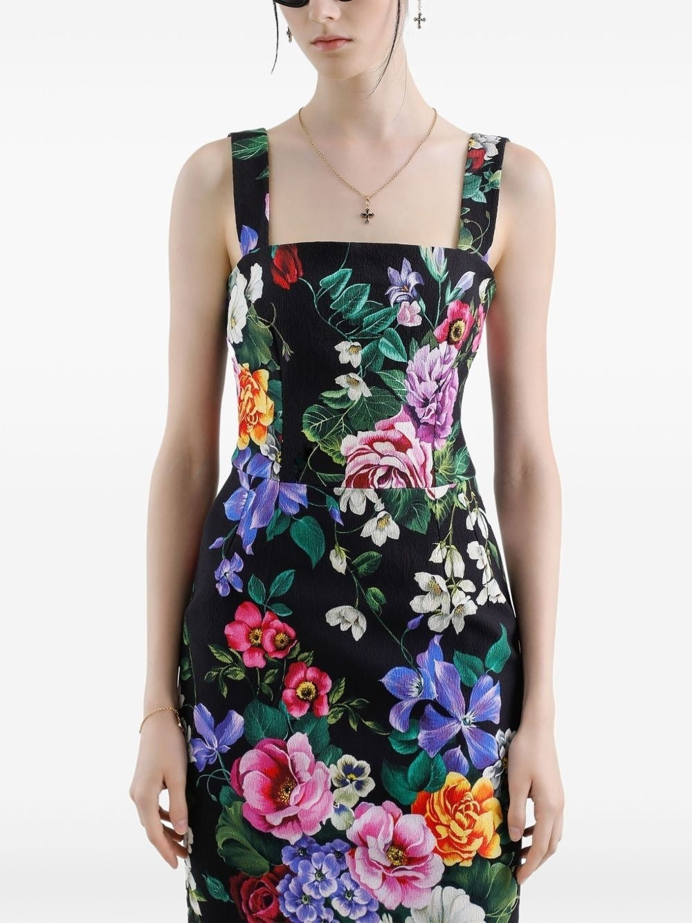 Floral Print Black Midi Sheath Dress