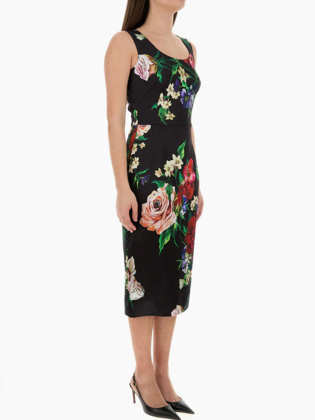 Floral Print Black Satin Sleeveless Midi Dress