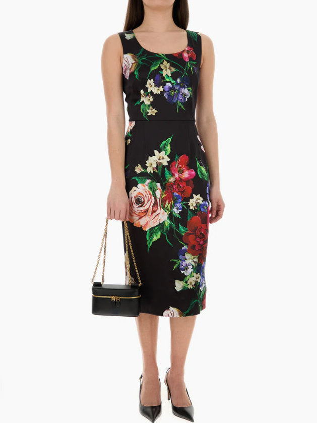 Floral Print Black Satin Sleeveless Midi Dress