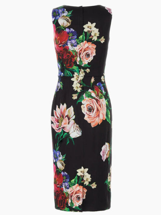 Floral Print Black Satin Sleeveless Midi Dress