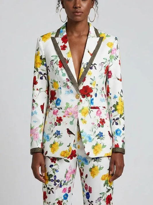 Floral Print Blazer and Pants Set with Contrast Trim - Suits & Sets