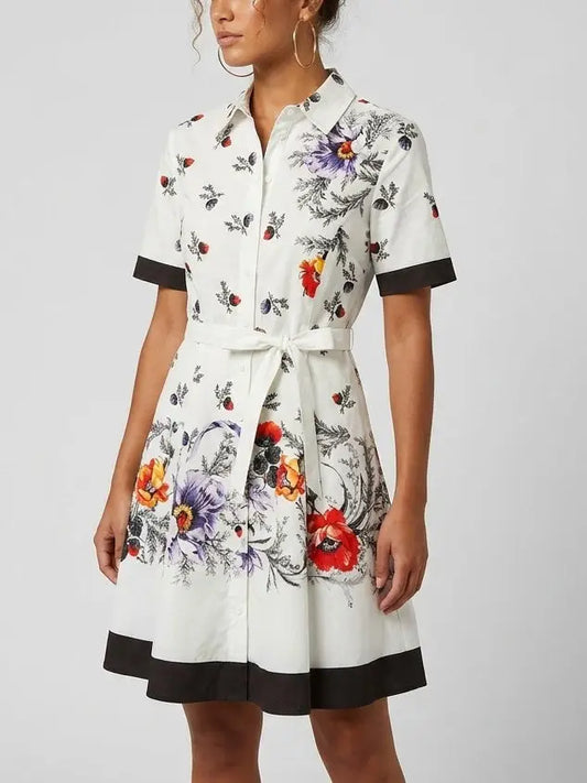 Floral Print Contrast-Trim Cotton Mini Shirt Dress - Dresses