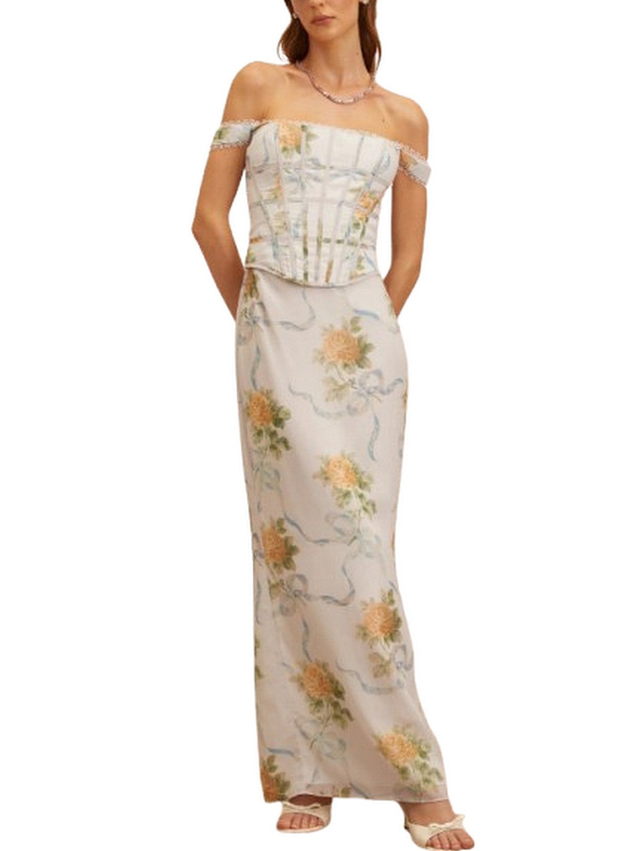 Floral Print Fitted Corset Maxi Dress - Dresses