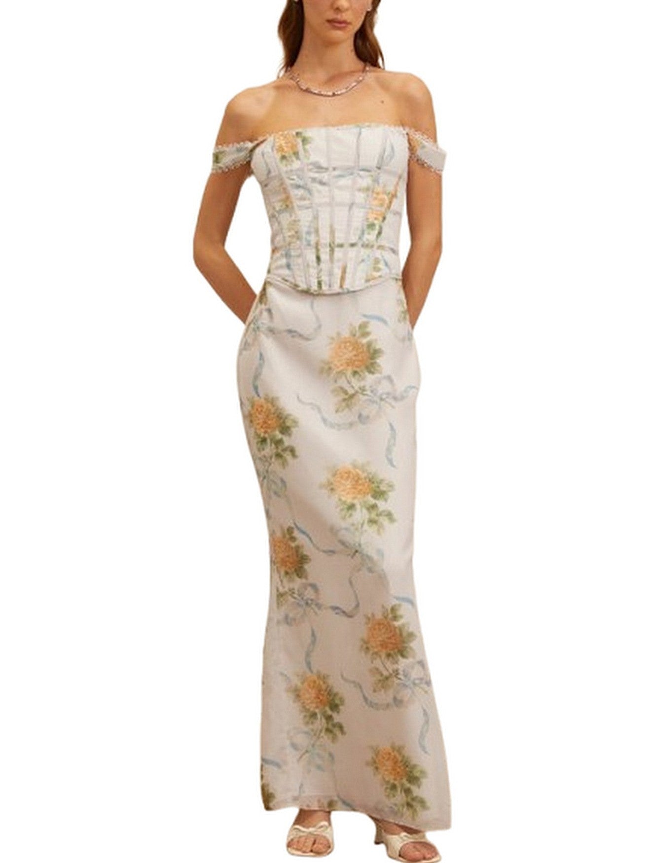 Floral Print Fitted Corset Maxi Dress - Dresses