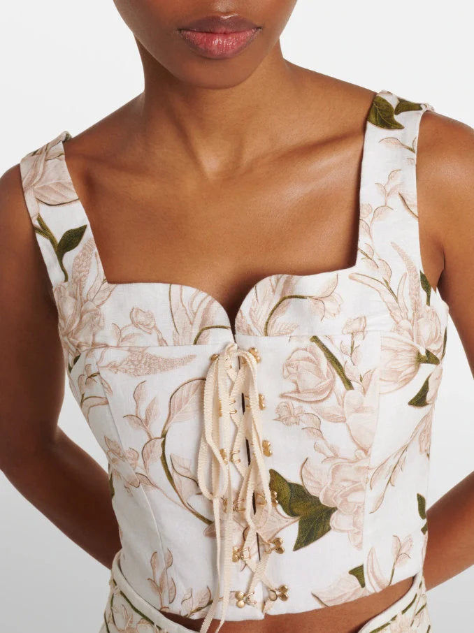 Floral Print Lace-Up Corset Top and Skirt Set - Suits & Sets