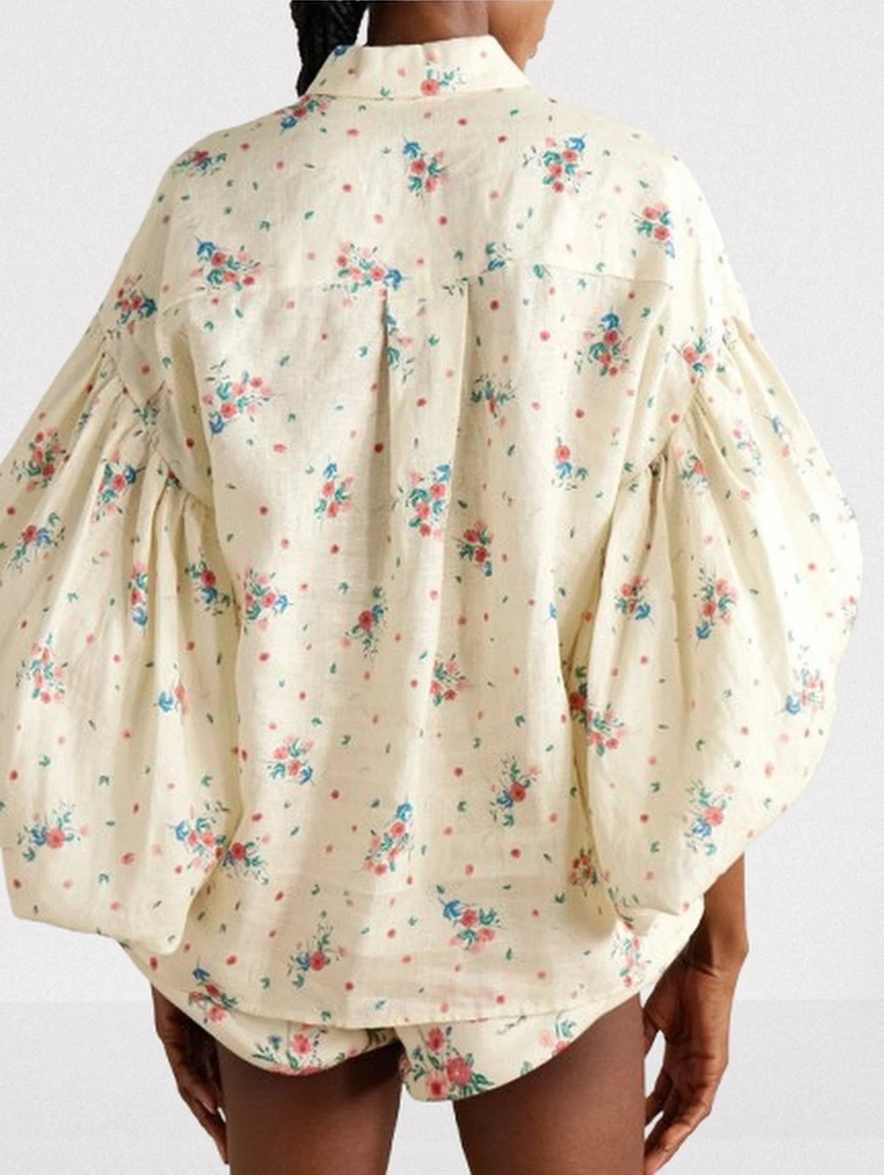 Floral Print Puff-Sleeve Linen Blouse and Short Set - Suits & Sets