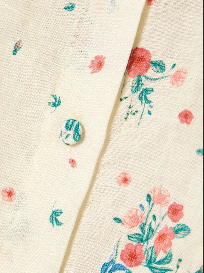 Floral Print Puff-Sleeve Linen Blouse and Short Set - Suits & Sets