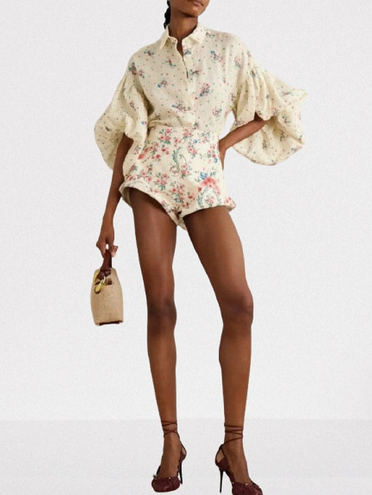 Floral Print Puff-Sleeve Linen Blouse and Short Set - Suits & Sets