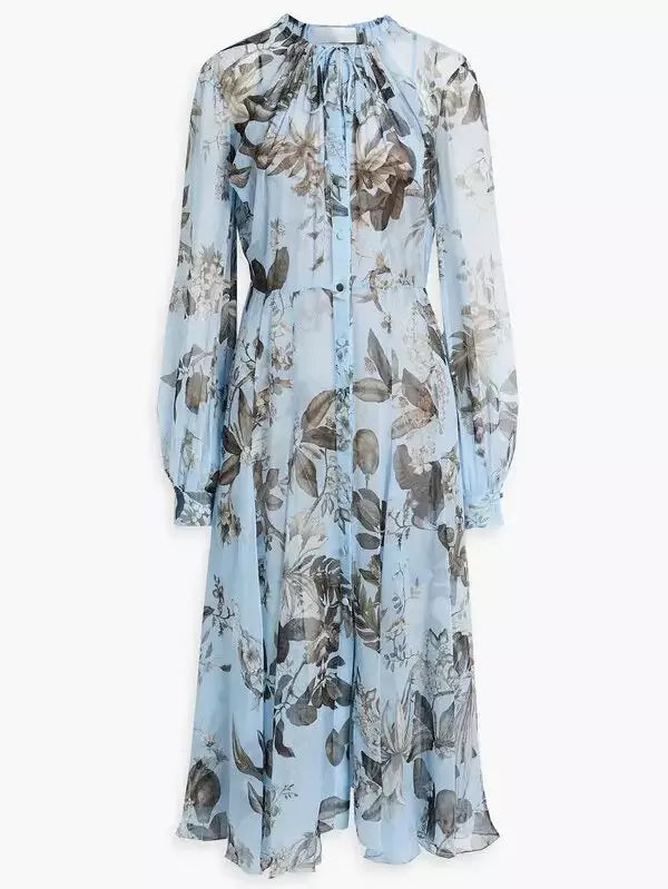 Floral Print Silk Chiffon Midi Dress in Light Blue