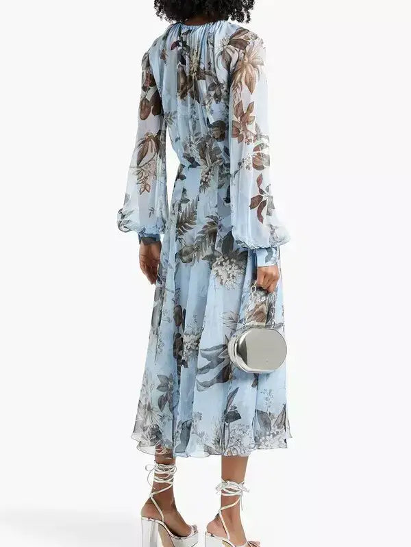 Floral Print Silk Chiffon Midi Dress in Light Blue - Dresses