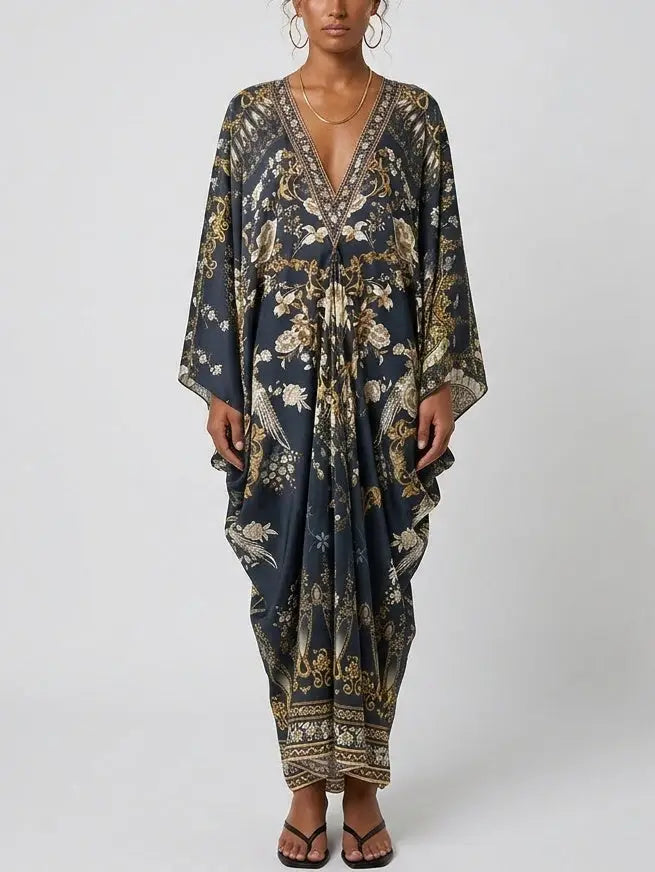 Floral Print Silk Maxi Kaftan Dress - One size - Dresses