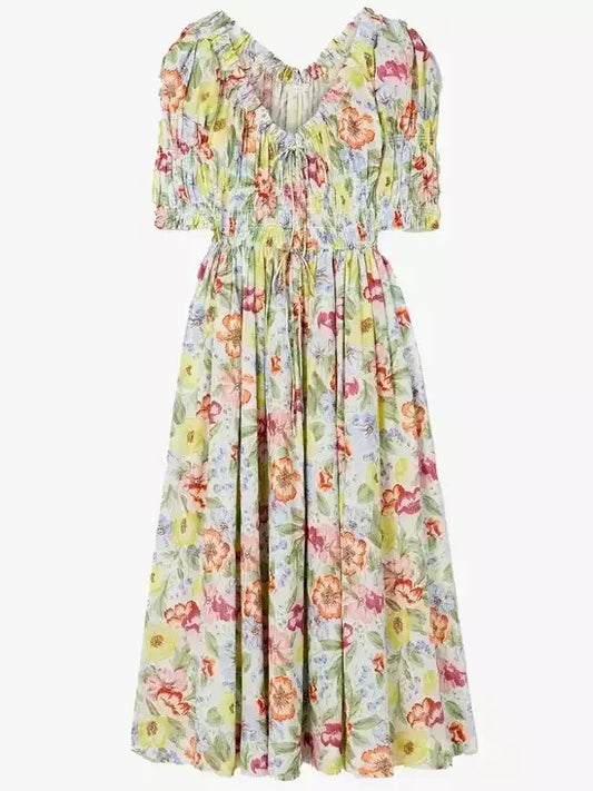 Floral Print Smocked A-Line Dress - Dresses