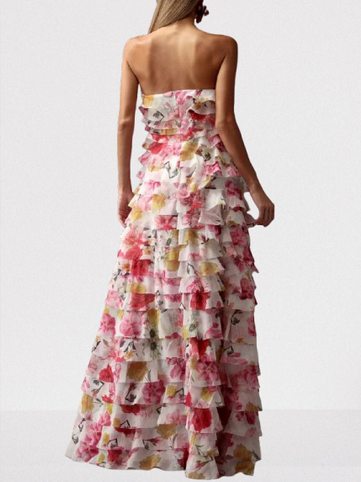 Floral Print Strapless Frill Tiered Maxi Dress - Dresses