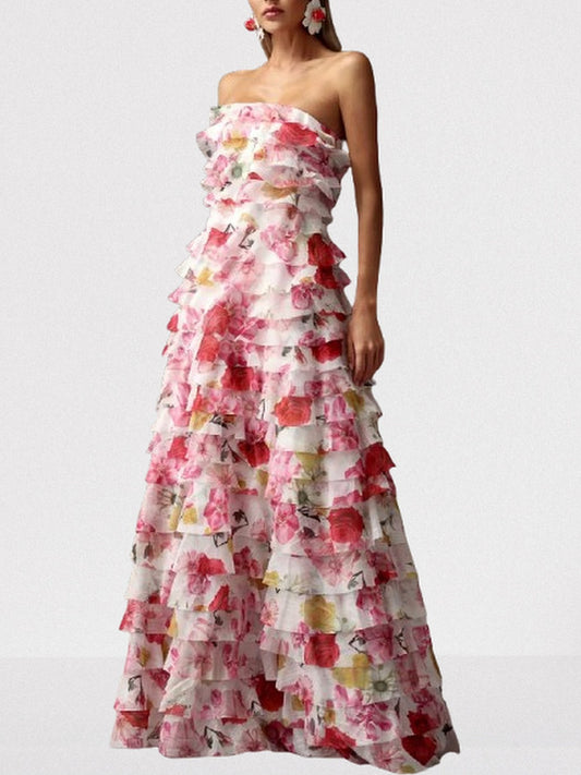 Floral Print Strapless Frill Tiered Maxi Dress - Dresses