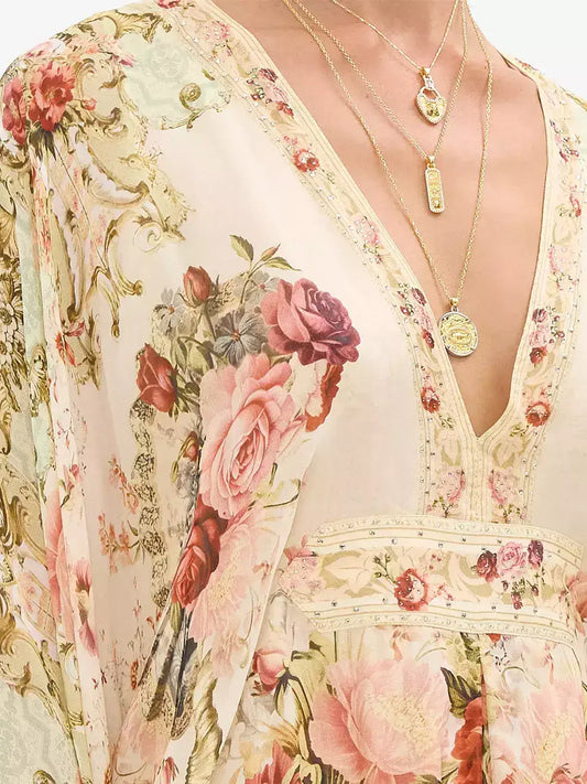 Floral Print V-Neck Kaftan Maxi Dress - Dresses