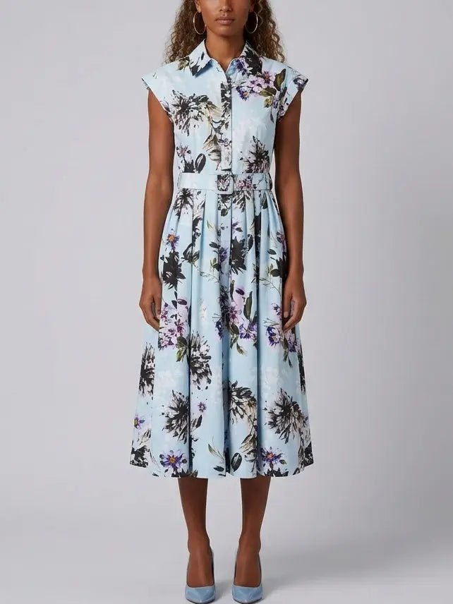 Floral Printed Midi Shirt Dress with Belt - Dresses