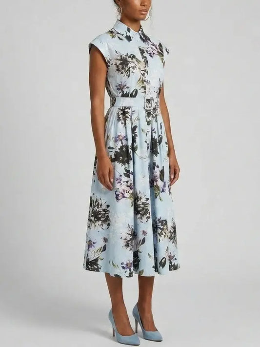 Floral Printed Midi Shirt Dress with Belt - Dresses