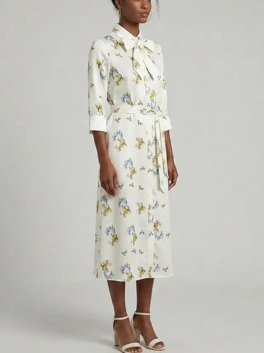 Floral Printed Silk Tie-Neck Shirt Dress - Dresses