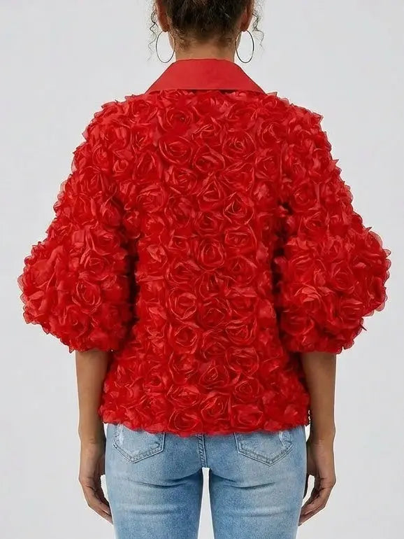 Floral Rosette Puff Sleeve Blouse - Tops