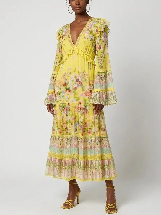 Floral Ruffle-Trim Silk Plunge Midi Dress - Dresses