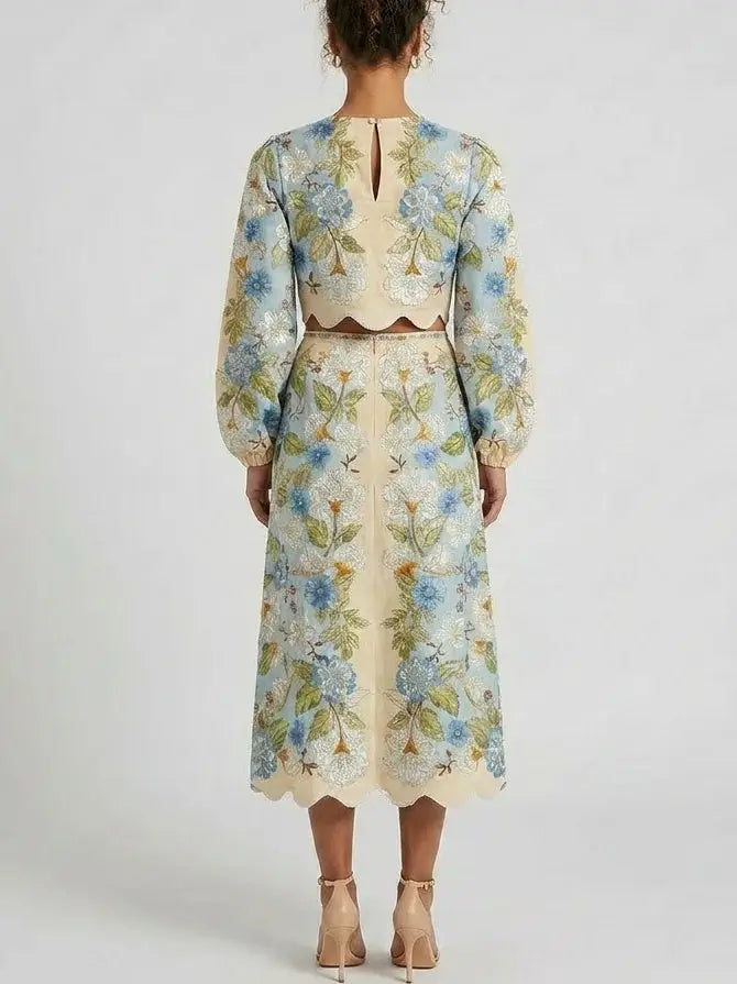 Floral Scalloped Crop Top and Midi Skirt Set - Suits & Sets