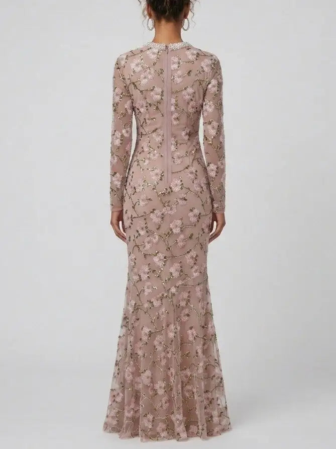 Floral Sequin Embroidered Pink Maxi Dress - Dresses