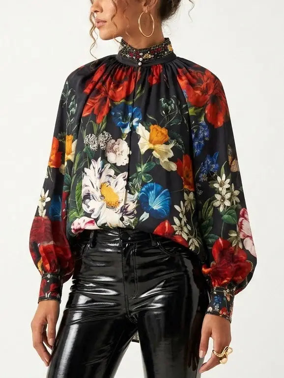 Floral Silk Blouse with Crystal Collar and Cuffs - Tops