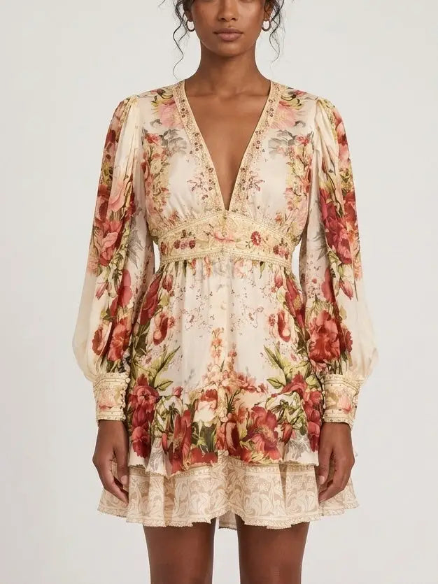 Floral Silk Blouson Sleeve V-Neck Mini Dress - Dresses