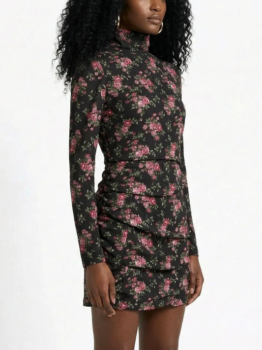 Floral Silk High-Neck Ruched Mini Dress - Dresses