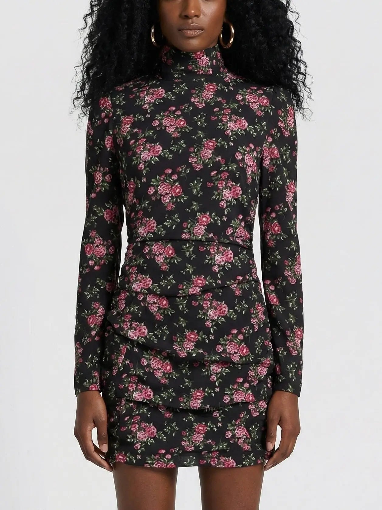 Floral Silk High-Neck Ruched Mini Dress - Dresses