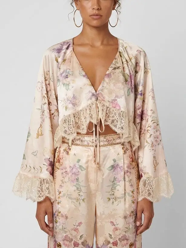 Floral Silk Lace Trim Top and Pant Set - Suits & Sets