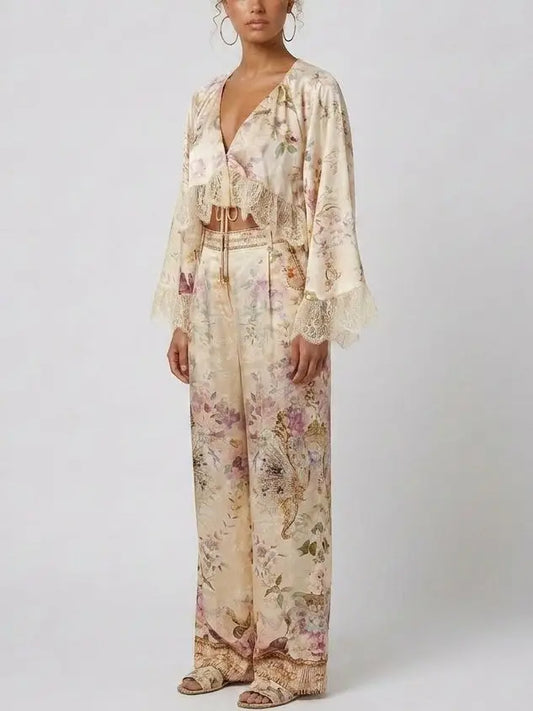Floral Silk Lace Trim Top and Pant Set - Suits & Sets