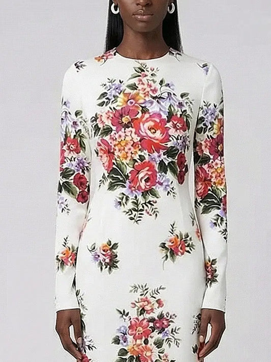 Floral Silk Long Sleeve Midi Dress in White - Dresses