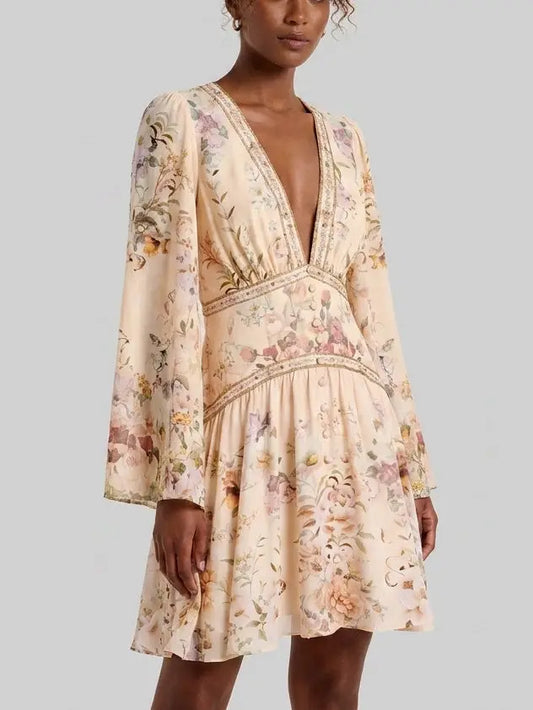Printed Button Front Silk Frill Dress - Dresses