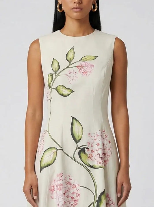 Floral Vine Print Sleeveless Cotton Midi Dress - Dresses