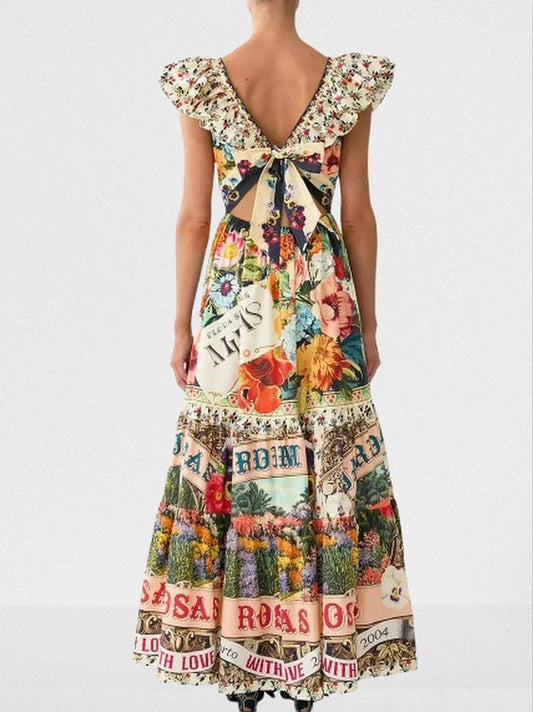 Frill-Sleeve A-Line Printed Maxi Dress - Dresses