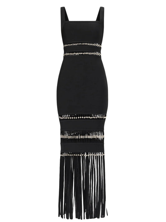 Fringed Bead-Embellished Sleeveless Stretch Maxi Dress - Dresses